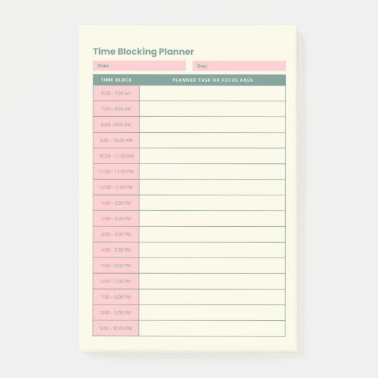 Minimal Time Blocking Planner Pink Layout Post-it® Notes (Voorkant)