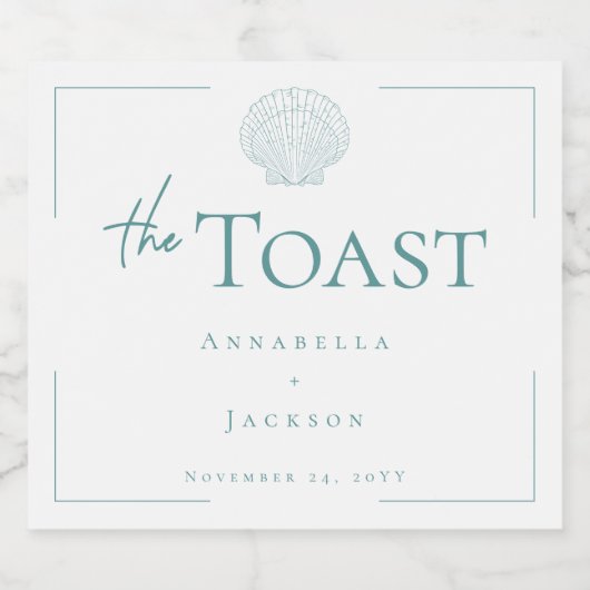 Minimal Typography Aqua & White Seashell Wedding Sparkling Wijnetiket (Enkel label)