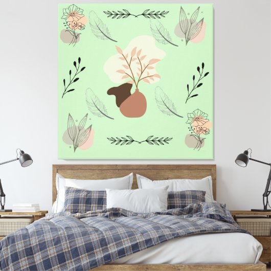 Minimal vase, feathers and floral boho art- canvas afdruk (Insitu (Slaapkamer))