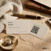 Minimal Warm Beige Linen Texture QR Code Freelance Visitekaartje