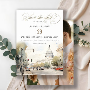Minimal Washington DC USA Waterverf Fotobruiloft Save The Date