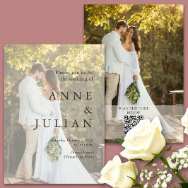 Minimal wedding invitation with 2 photos & QR Code Kaart