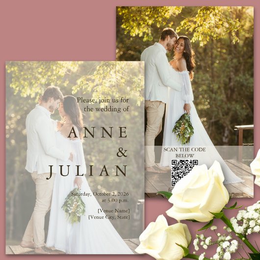 Minimal wedding invitation with 2 photos & QR Code Kaart