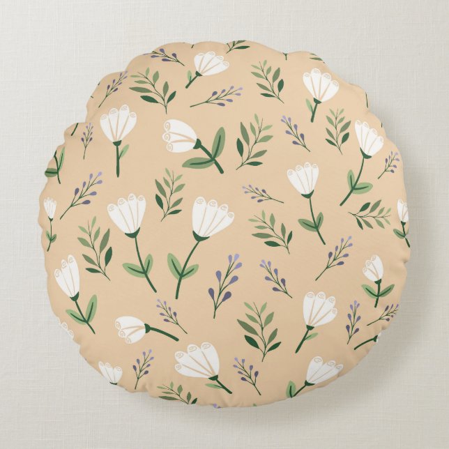 Minimal white Floral Rond Kussen (Voorkant)