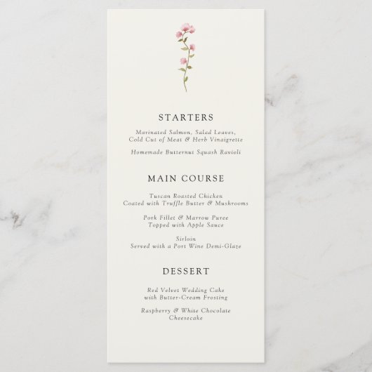 Minimal Wildflower Beige Boho Bloemen Huwelijk Menu (Voorkant)