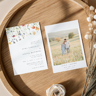Minimal Wildflower Photo Wedding Invitation Kaart