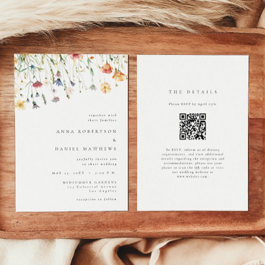 Minimal Wildflower QR Code Wedding Invitation Kaart