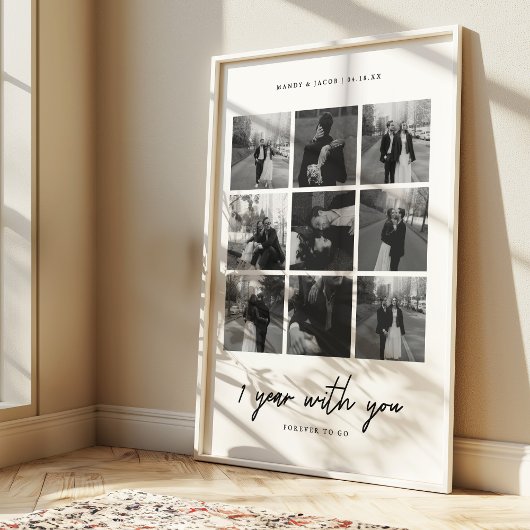 Minimale 1e trouwdag-herinnering 9-foto-collage poster