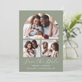 Minimale 3-foto Collage Arch QR Code Sage Groen Save The Date (Staand voorkant)