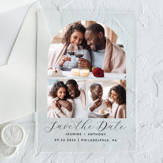 Minimale 3-Photo Arch Collage Sla de datum op Acryl Uitnodigingen