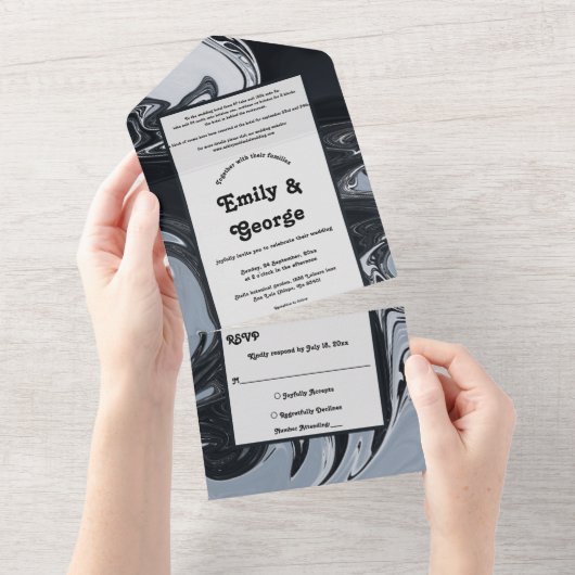 Minimale Abstracte en zwarte bruiloft All In One Uitnodiging (Afscheurbaar)