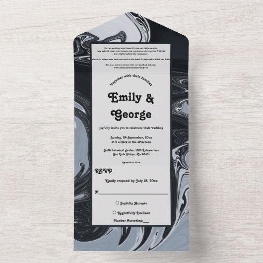 Minimale Abstracte en zwarte bruiloft All In One Uitnodiging (Binnen)