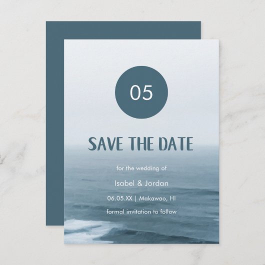 Minimale Art Waves Beach Weddenschap Save the Date Aankondigingskaart (Voorkant / Achterkant)