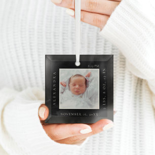 Minimale Baby naam geboorte Stats Foto Black Keepo Glas Ornament