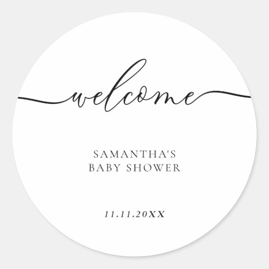 Minimale babyshower script lettering welkom ronde sticker (Voorkant)