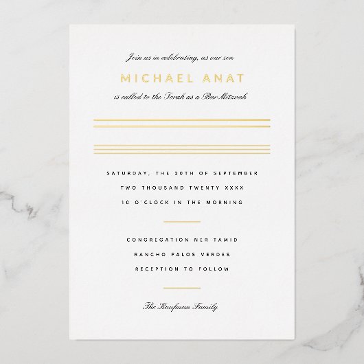 Minimale balk Mitzvah Gold Stripe Folie Uitnodiging (Voorkant)