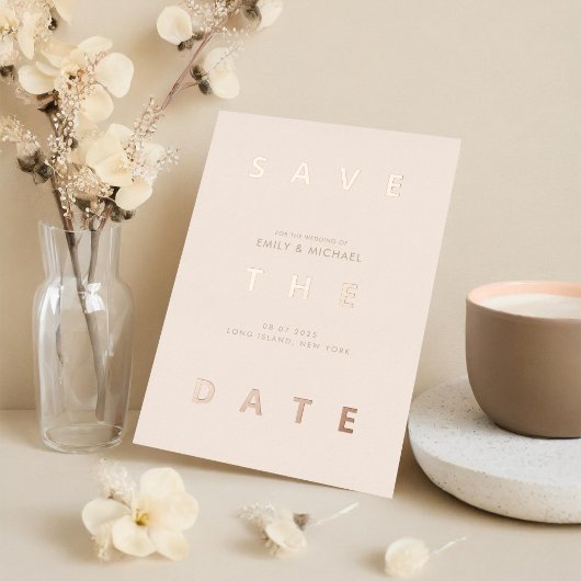 Minimale Beige Moderne Bruiloft Save the Date Folie Uitnodiging