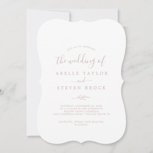 Minimale Blad | Roze Monogram Achterkant Trouw Kaart (Voorkant)