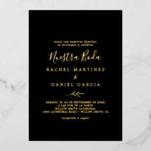 Minimale bladreuzel Zwarte Spaanse Nuestra Boda Folie Uitnodiging