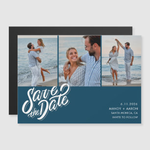 Minimale Blauwe Drie Foto Bruiloft Save the Date Magnetische Uitnodiging