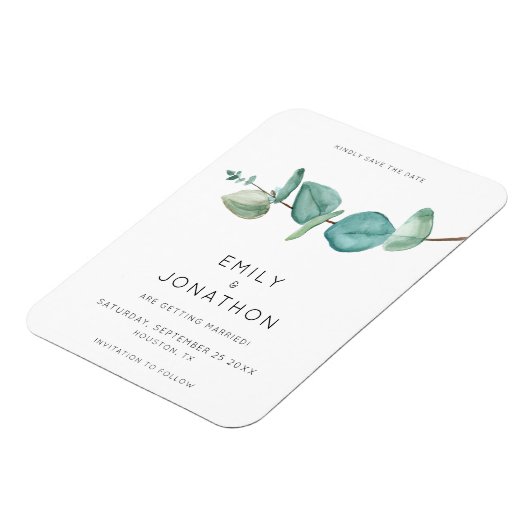 Minimale blauwe eucalyptusbladeren sparen de datum magneet (Linkerzijde)