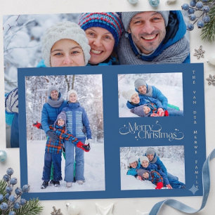 Minimale Blauwe Familie Vier Foto's Prettig Kerstf Feestdagenkaart
