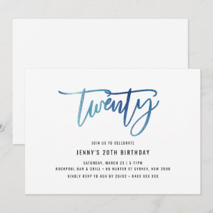 Minimale blauwe Folie 20e verjaardag uitnodiging