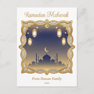 Minimale Blauwe & Gouden Moskee Ramadan Mubarak Briefkaart