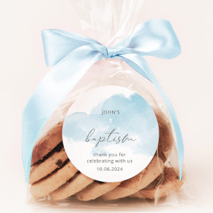 Minimale blauwe hemel jongen doop ronde sticker