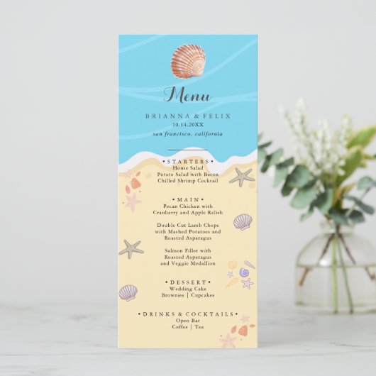 Minimale Blauwe Oceaan Zomer Bruiloft Menu (Staand voorkant)