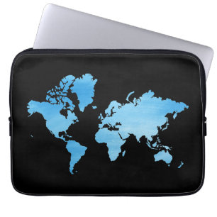 Minimale Blauwe Wereldkaart Aquarel Kunst Laptop Sleeve