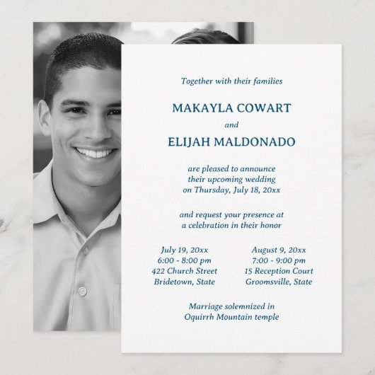 Minimale Blauwe/Witte Tempel Bruiloft Twee Recepti Kaart (Voorkant / Achterkant)