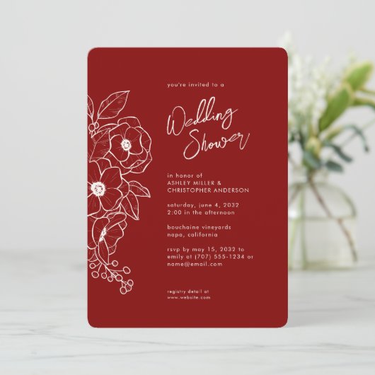 Minimale Bloemen Botanische Ruby Rode Bruiloft Dou Kaart (Staand voorkant)