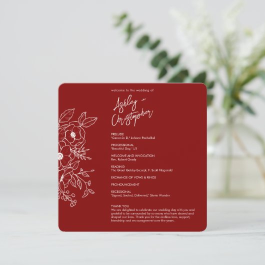 Minimale Bloemen Botanische Ruby Rode Bruiloft Programma (Staand voorkant)