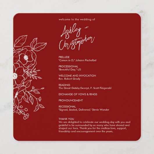 Minimale Bloemen Botanische Ruby Rode Bruiloft Programma (Voorkant)