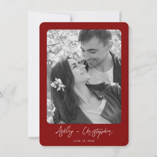 Minimale Bloemen Botanische Ruby Rood Foto Bruilof Save The Date (Voorkant)
