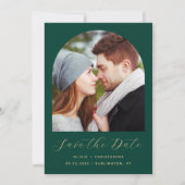 Minimale Boho Photo Arch Emerald Green Gold Script Save The Date (Voorkant)
