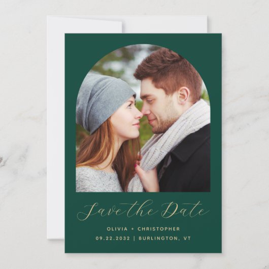 Minimale Boho Photo Arch Emerald Green Gold Script Save The Date (Voorkant)