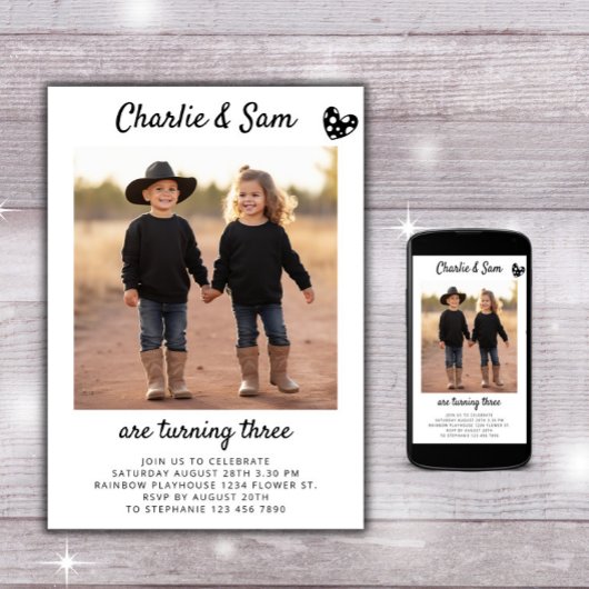 Minimale Boho-verjaardagsfoto van dubbelportret va Kaart