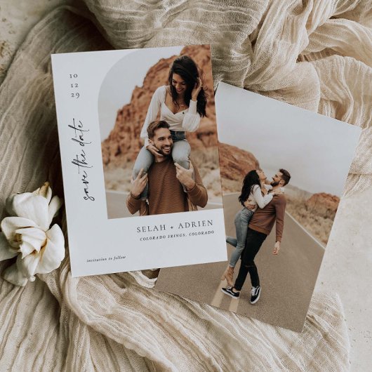 Minimale boog Sla de fotokaart van het datumscript Save The Date