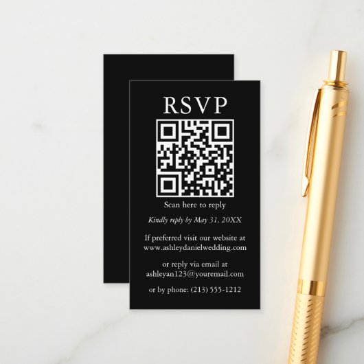 Minimale bruiloft Eenvoudige QR Black RSVP Informatiekaartje (Voorkant / Achterkant in situ)