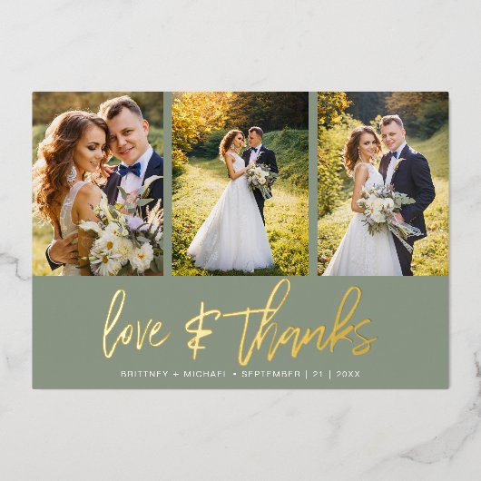 Minimale bruiloft foto collage Sage dank u Folie Uitnodiging (Voorkant)