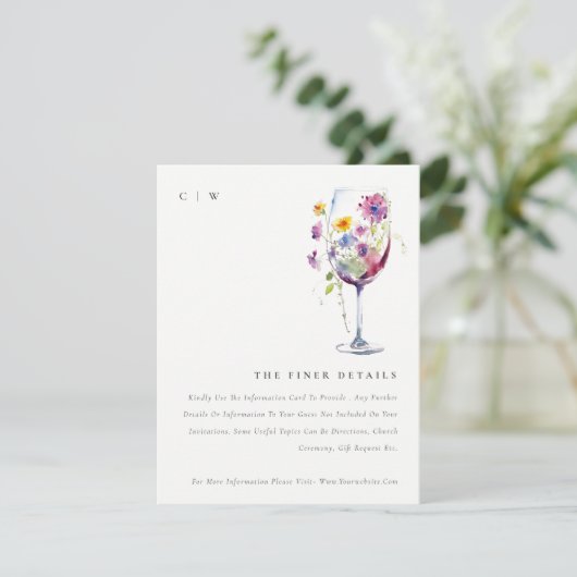 Minimale Chic Bloemige Wijn Glas Trouw Details Informatiekaartje (Staand voorkant)