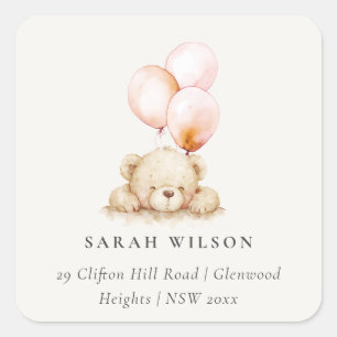 Minimale Chic Blush Bearly Wait Balloon adres Vierkante Sticker