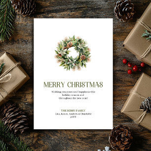 Minimale chique kerstkrans Sage Gold Schrift Feestdagenkaart