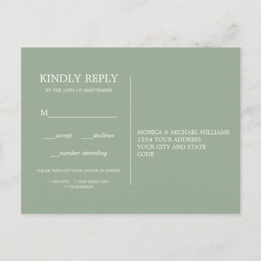 Minimale chique salie | Bruiloft RSVP MAALTIJD KEU Uitnodiging Briefkaart (Achterkant)