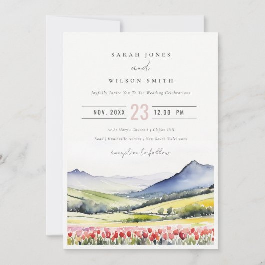 Minimale Country Spring Floral Landschap Trouwen Kaart (Voorkant)