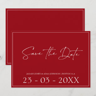 Minimale Crimson Red Script Wedding Sla de datum o Save The Date