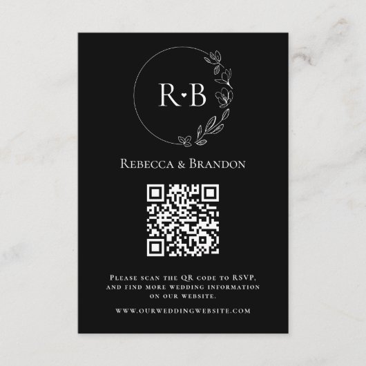 Minimale Custom Monogram Zwart Wit QR Code RSVP Informatiekaartje (Voorkant)