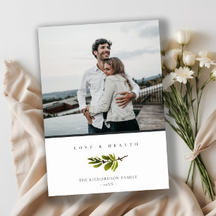 Minimale dennen tak Kerst liefde & gezondheid foto Feestdagenkaart